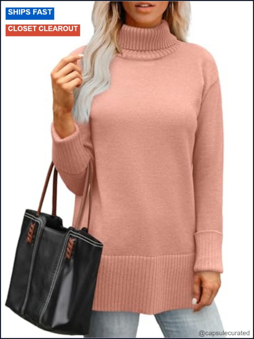 Women Turtleneck Side Split Oversized Tunic Sweater
